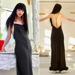Simon Miller Kizo Black Feather Trim Open Back Maxi Slip Dress Gown Large
